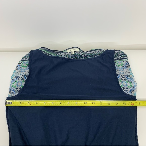 Max Studio Blue Green Geometric Print Slit Side Draped Sleeveless Stretch Blouse - Picture 14 of 16